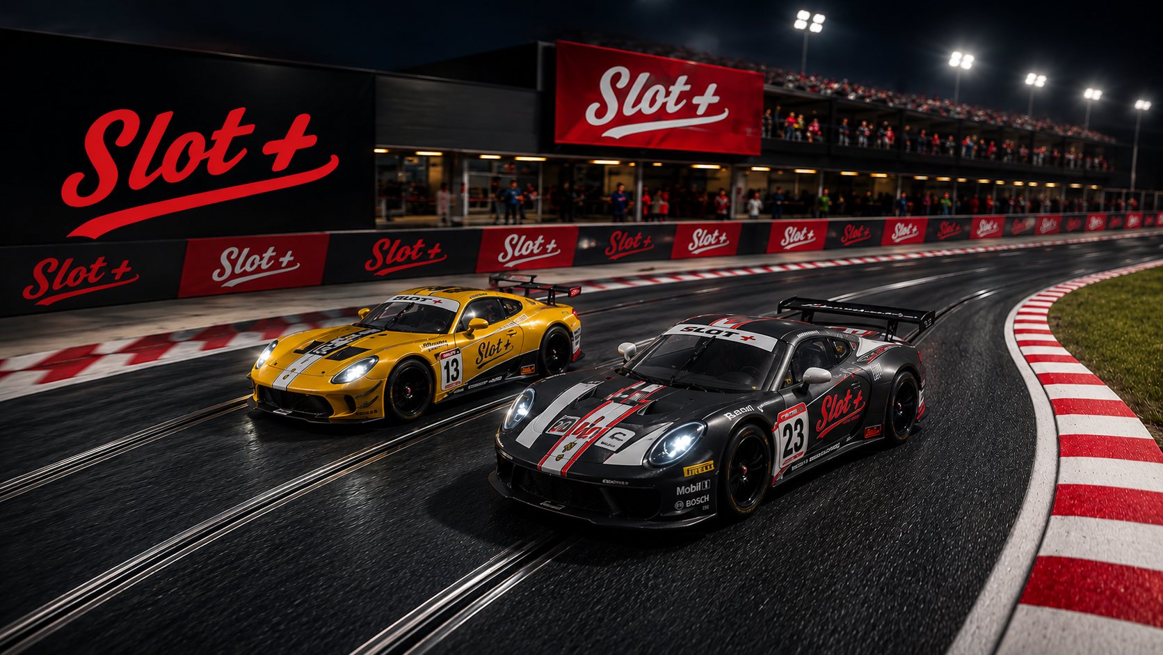 Deux voitures Slot+ sur un circuit de nuit